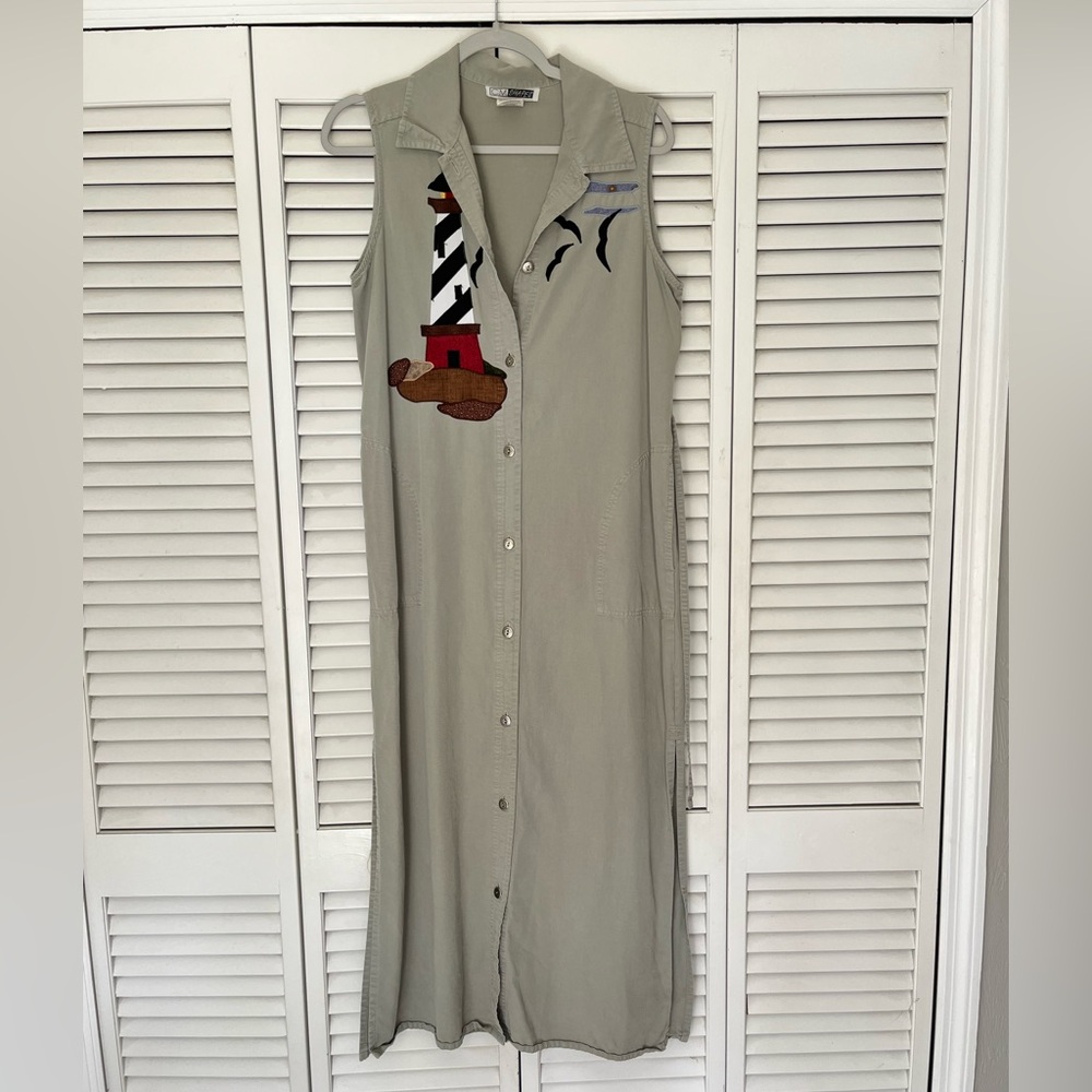 Vintage Sleeveless Button-Front Maxi Dress with Lighthouse Appliqué - Sage Sz:10